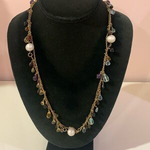 Vintage signed Escobar gold tone multi chain dangle gemstone’s & pearls necklace